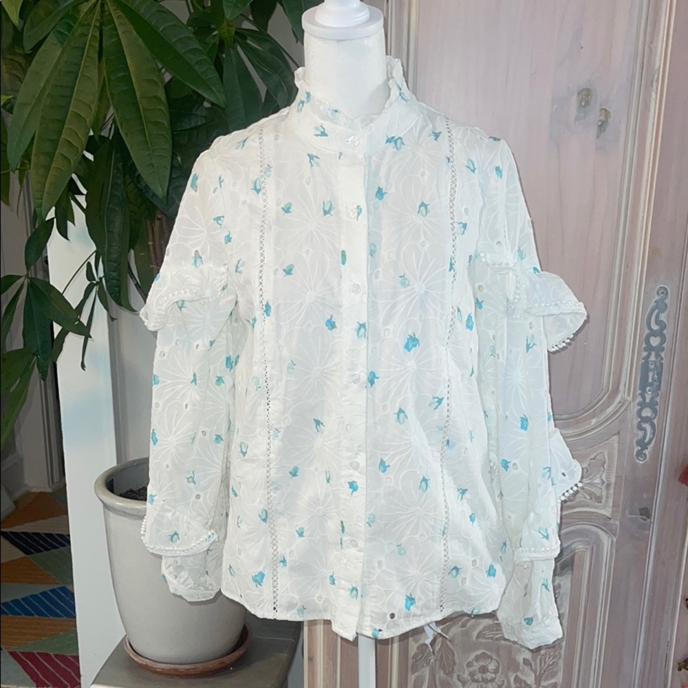 THESHIRT by Rochelle Behrens The Maxwell Ruffled Eyelet Cotton Blouse